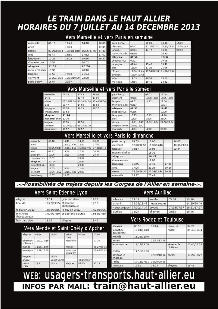 horaires de la ligne de train du Cévenol du 7 juillet 2013 par le collectif des usagers des transports du Haut-Allier