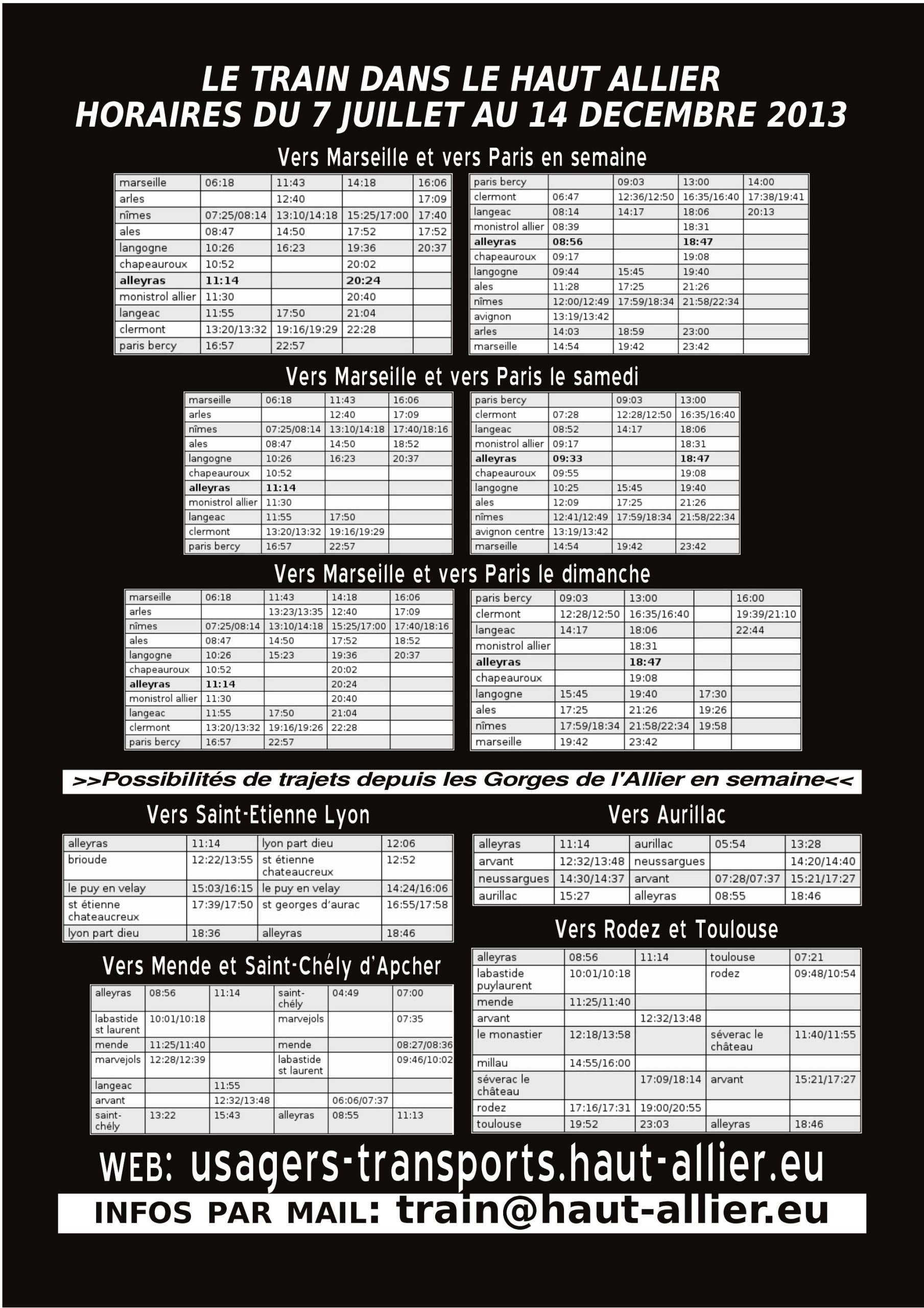horaires de la ligne de train du Cévenol du 7 juillet 2013 par le collectif des usagers des transports du Haut-Allier